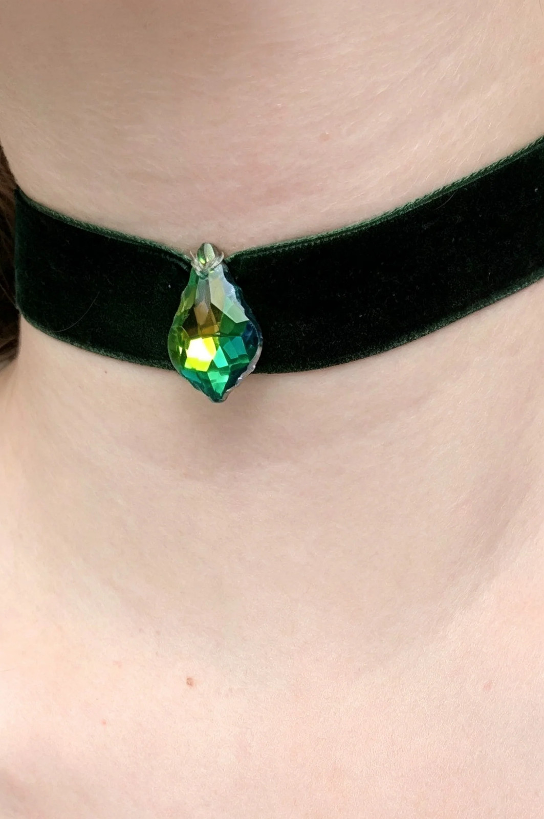 Hand Made Bottle Green Velvet Choker Crystal Pendant. Victorian Gothic Gift