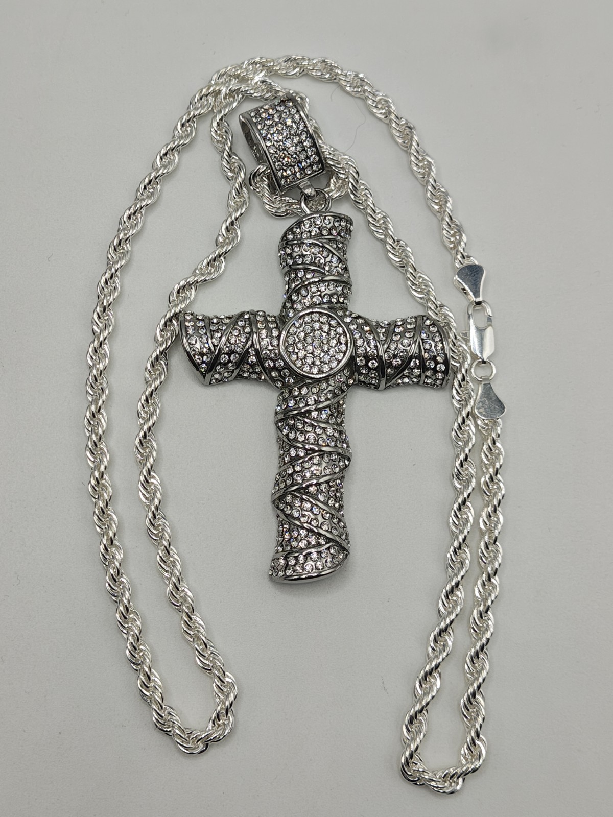 White Gold Filled Diamond Cut Rope Chain Silver Plated Stainless Cross Pendant