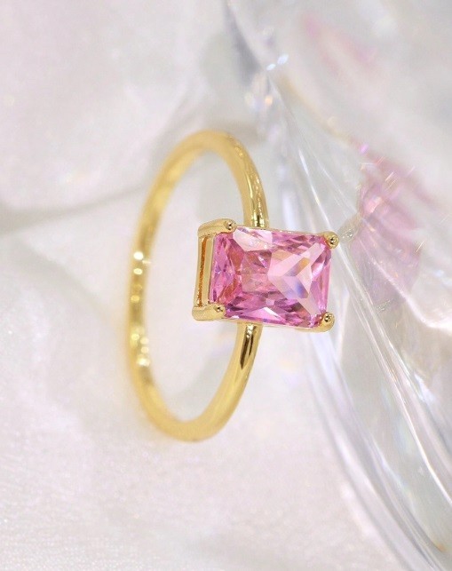 Emerald Cut 2.12CT Simulated Pink Tourmaline Engagement Ring In 10K Yellow Gold