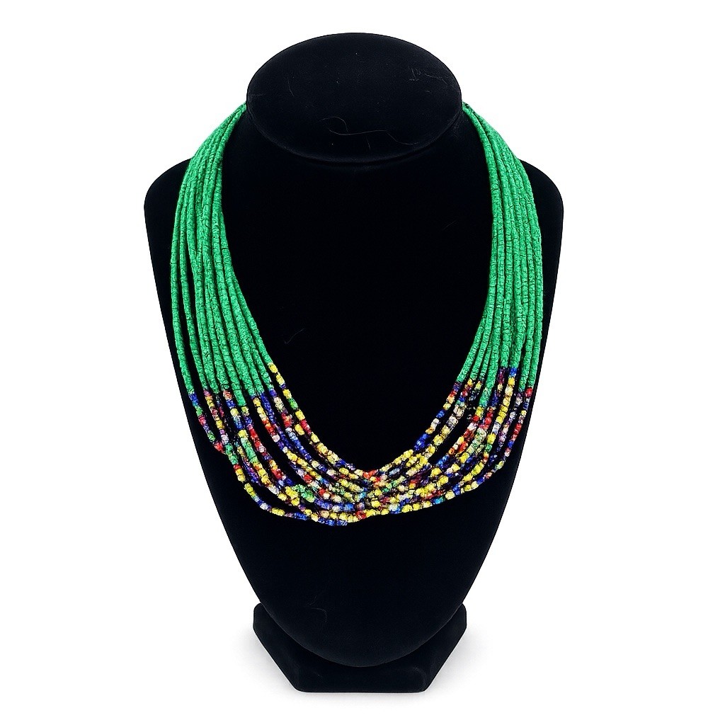 Seed Bead Necklace Green & Multicolor Multi Strand Statement Boho Style 18”