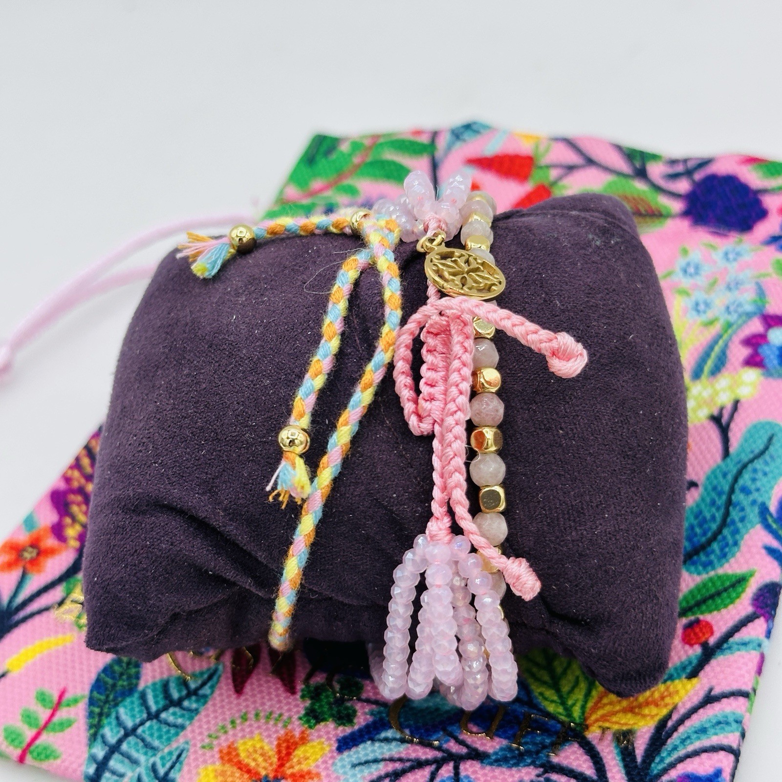 Rustic Cuff Pink Bracelet Stack Set Floral Gift Bag Adjustable