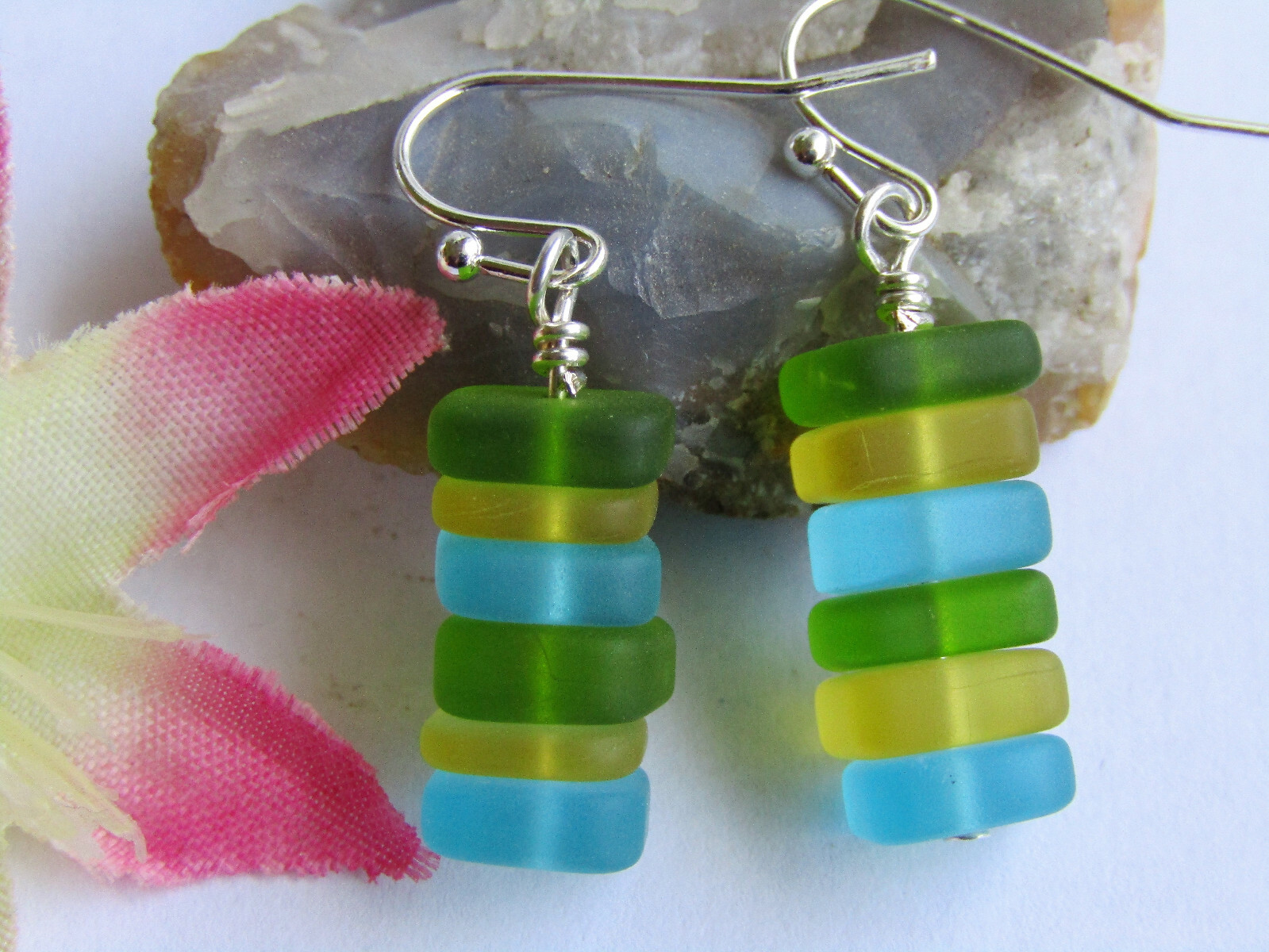 Stacked Green Blue Yellow SEA GLASS Earrings Silver, Artisan Handcrafted
