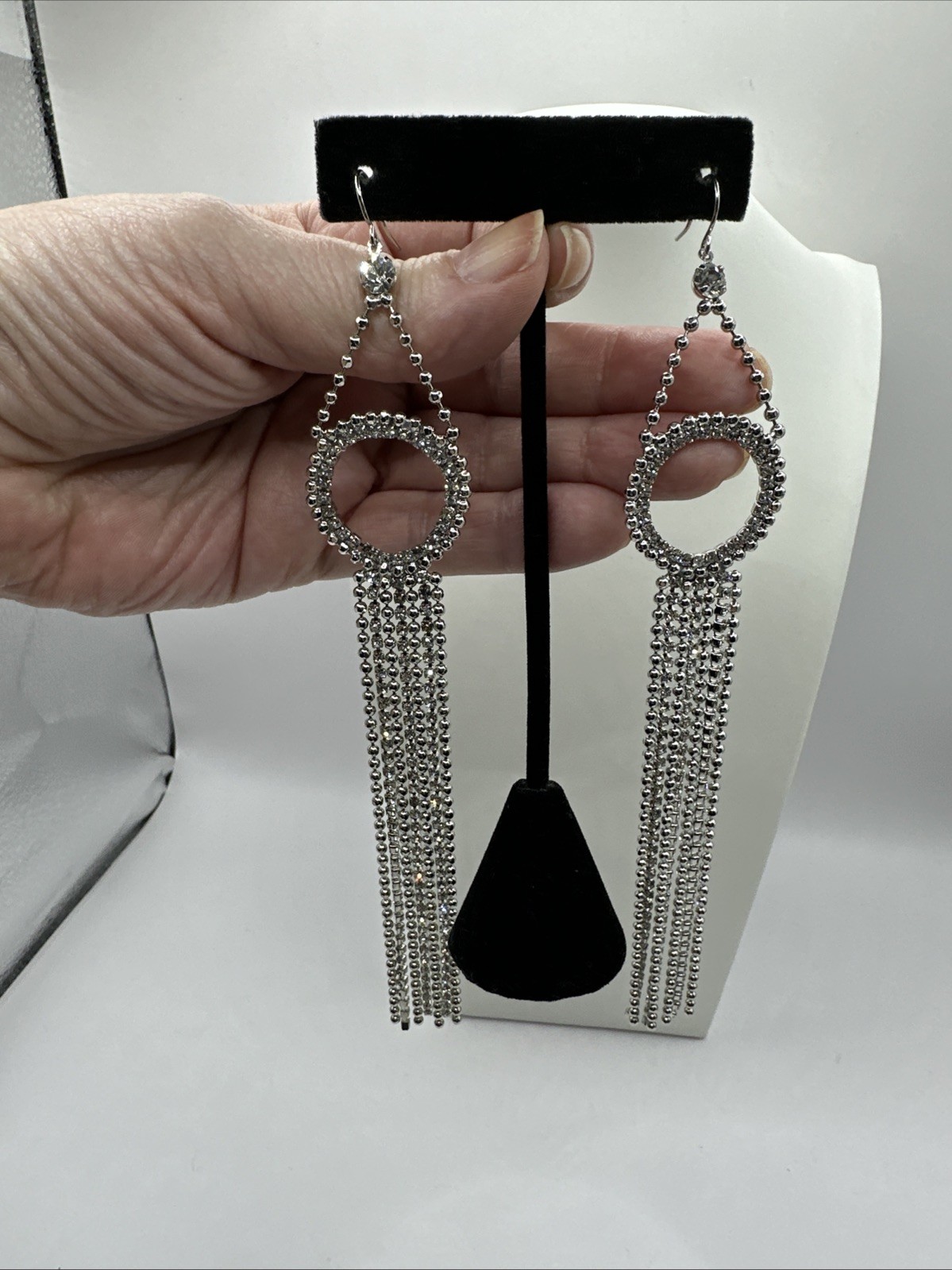 Exceptional Super Long! Rhinestone Dangle Pierced Earrings 7”