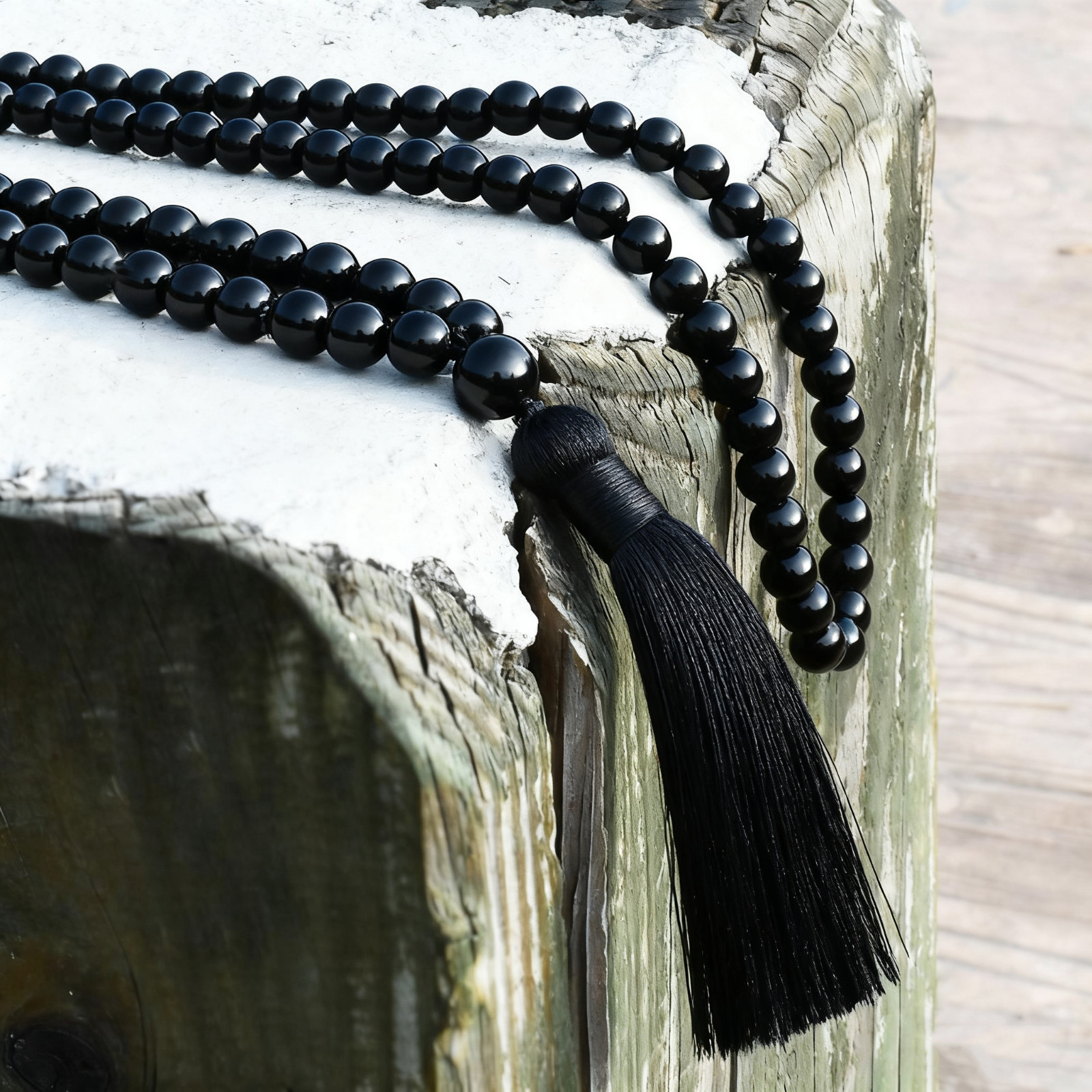108 Mala Black Obsidian Tassel Knot Gemstone Healing Meditation Prayer Bracelet