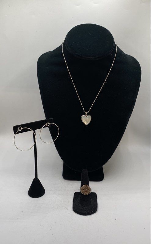 Sterling Silver 925 Heart Necklace Mother of Pearl Onyx Ring Earrings Lot 13g