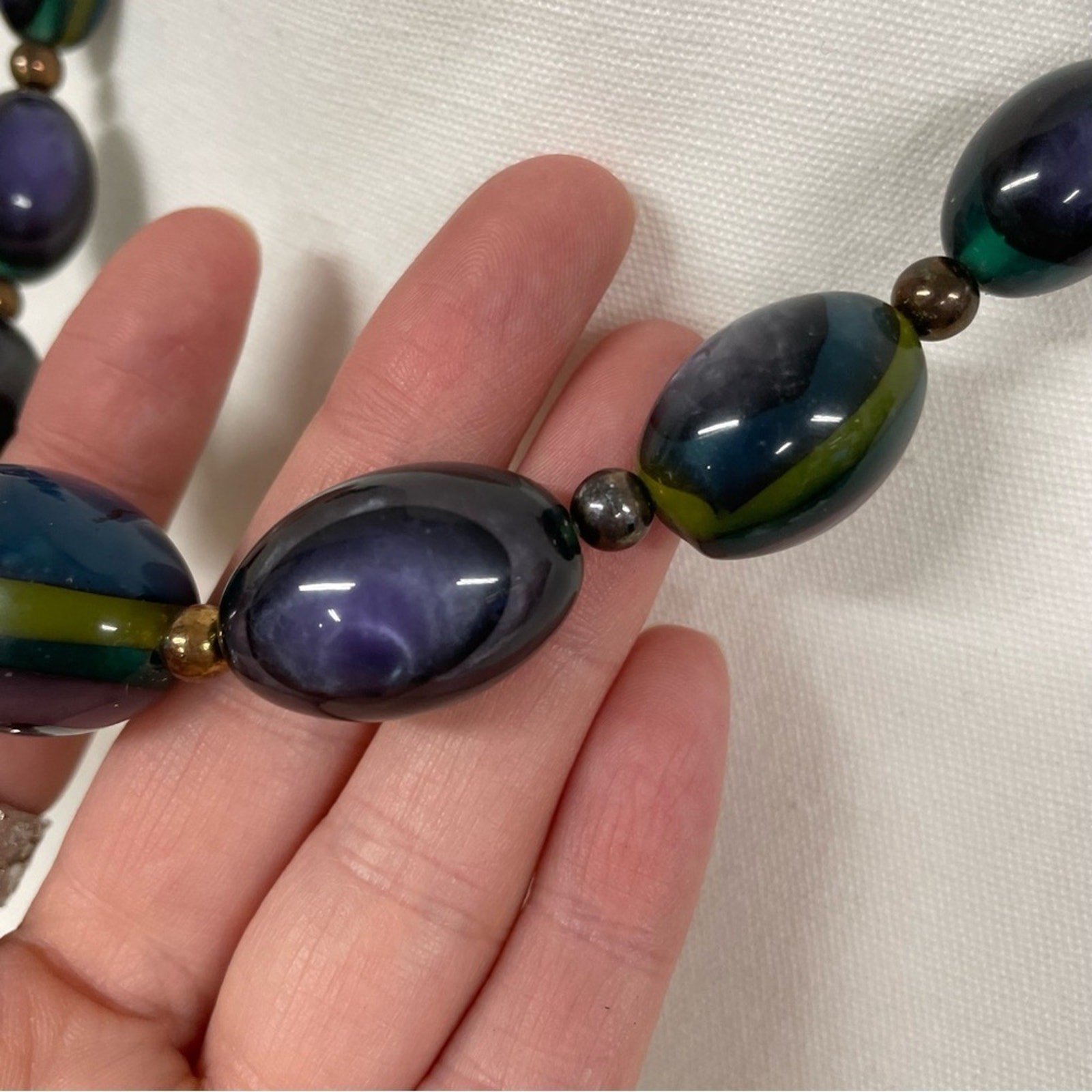 Blue & Green Glass Beads Necklace Silver Tone Chunky Artsy Boho