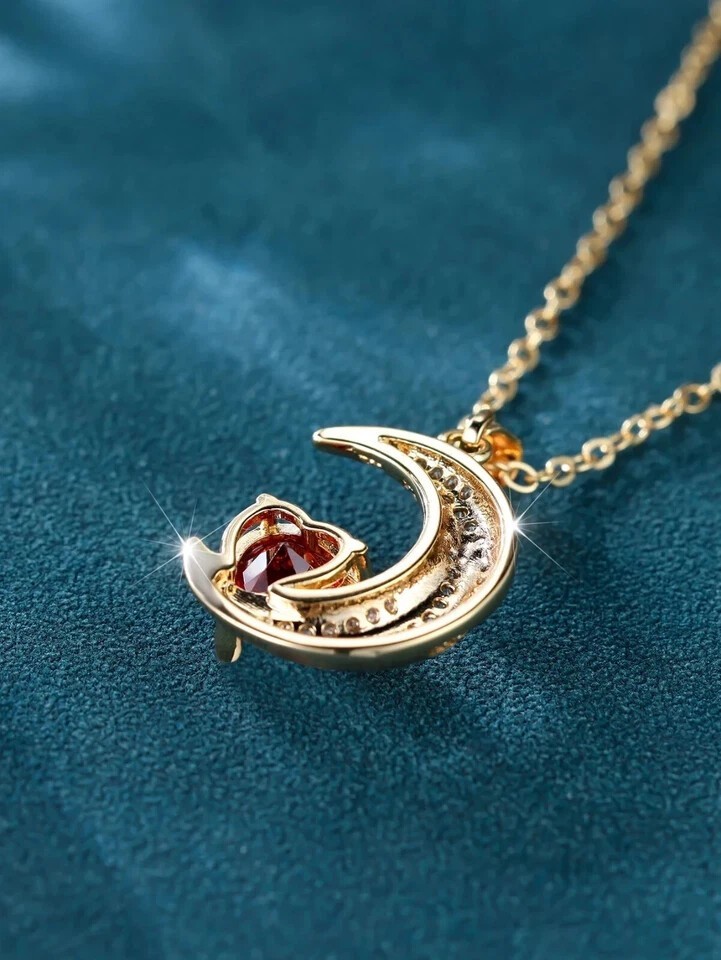 3 Ct Heart Cut Simulated Red Garnet Moon Heart Pendant In 14k Yellow Gold Plated