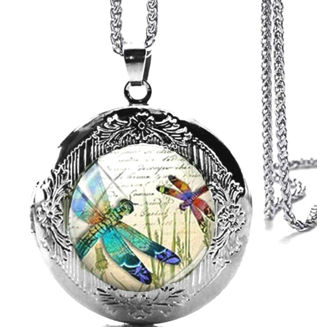 Dragonfly Locket Pendant Necklace on 24″ Stainles Steel Chain & Gift Box
