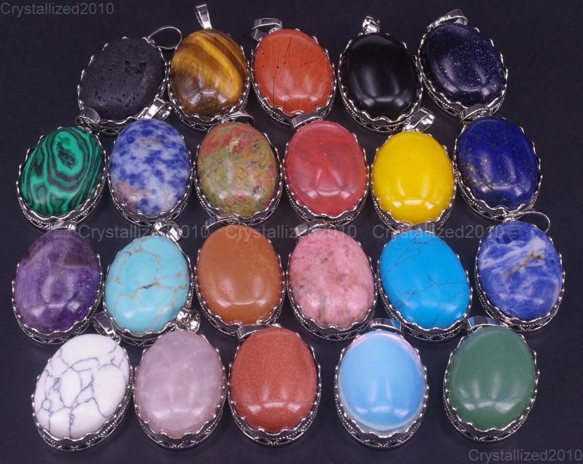 Natural Gemstones Oval Shape Reiki Chakra Healing Pendant Necklaces Beads Pick