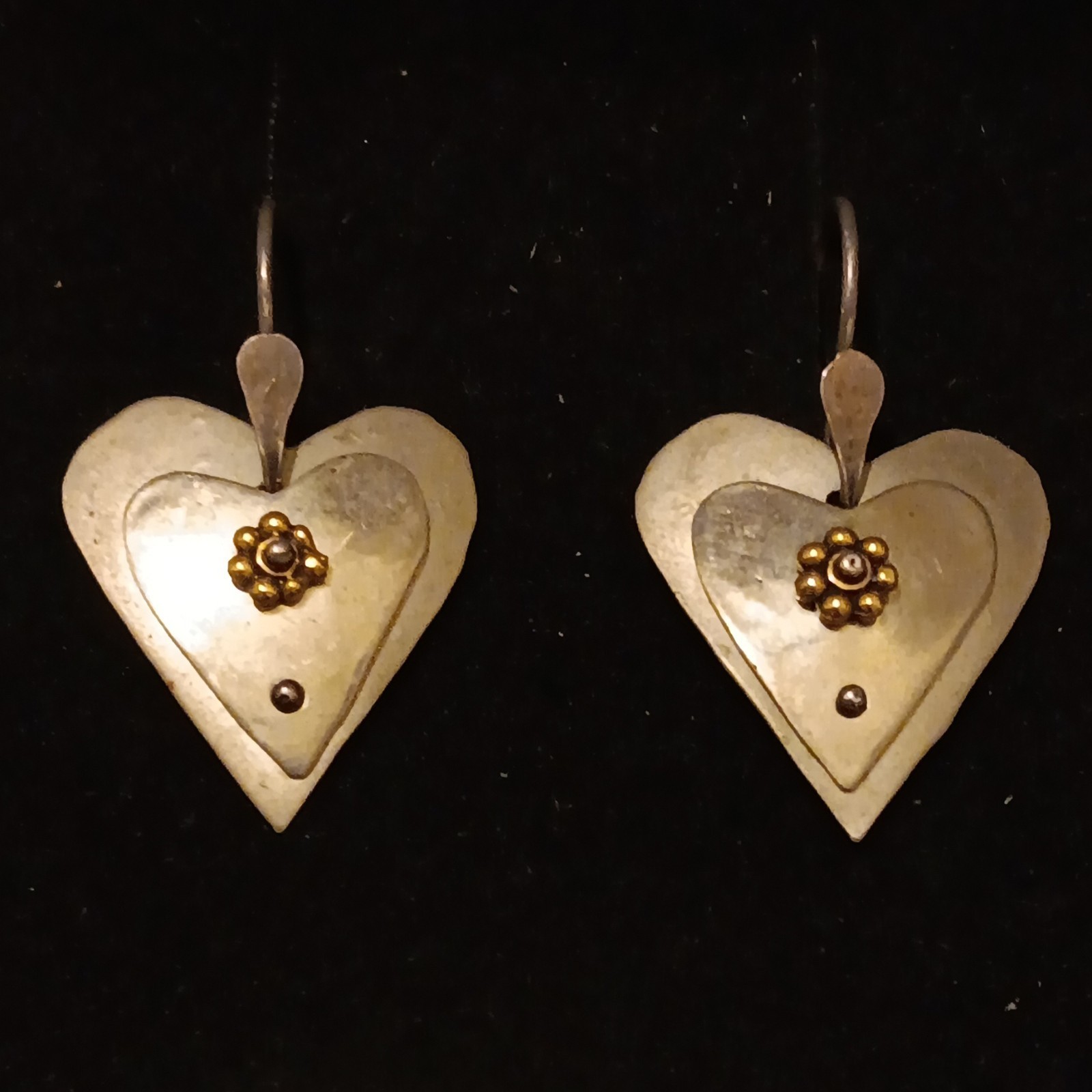 Vintage Artisan Mixed Metal Heart Earrings Unmarked Sterling Silver Brass Flower