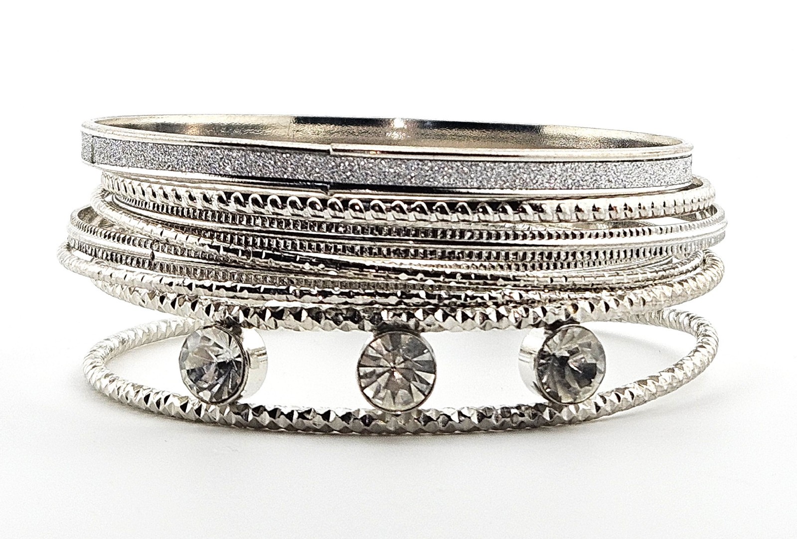 Set Of 7 Silver Tone Bangles Multiple Textures Rhinestone Accents J16-3806