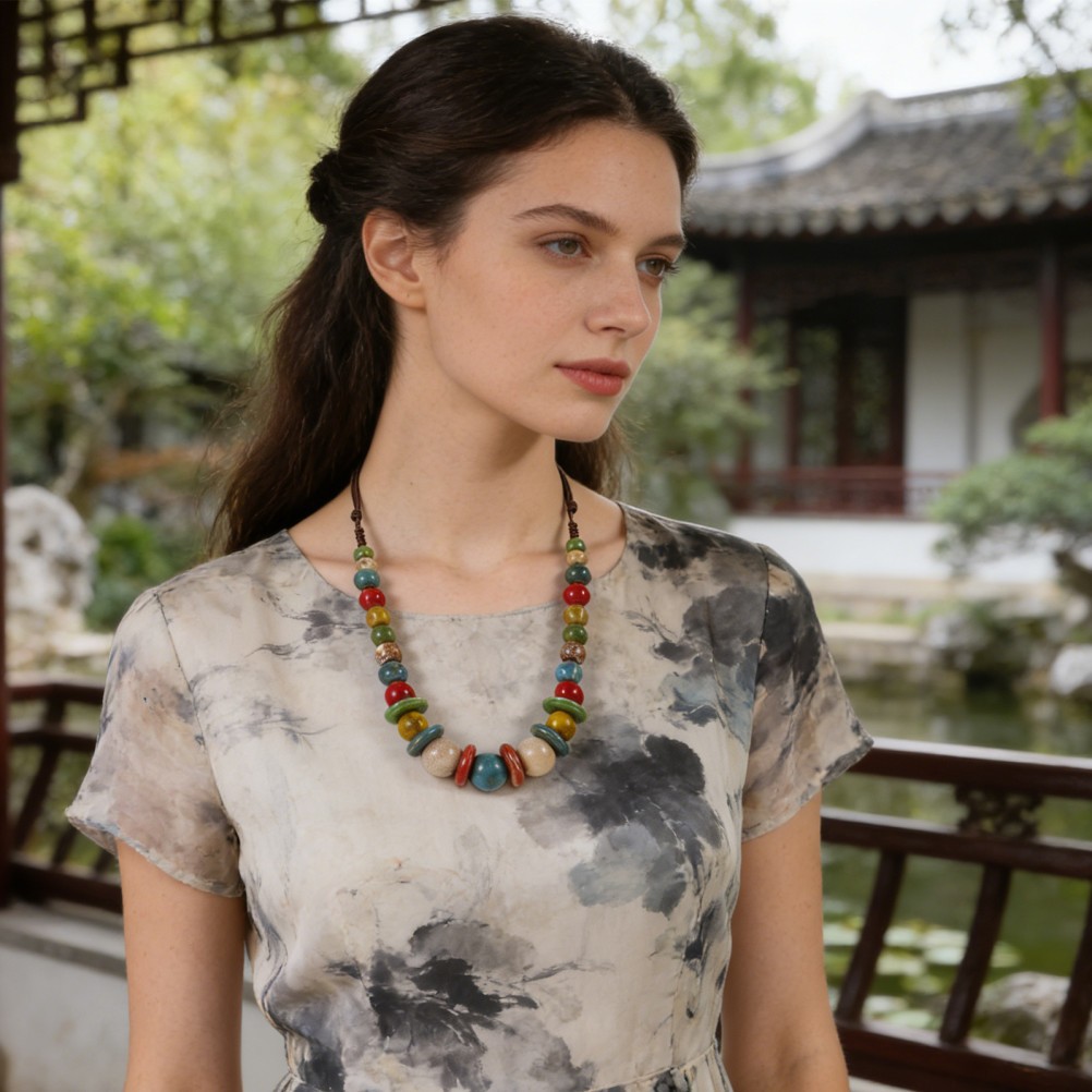 1 Pc Colorful Ceramic Bead Necklace Lightweight Durable Boho Jewelry for Women
