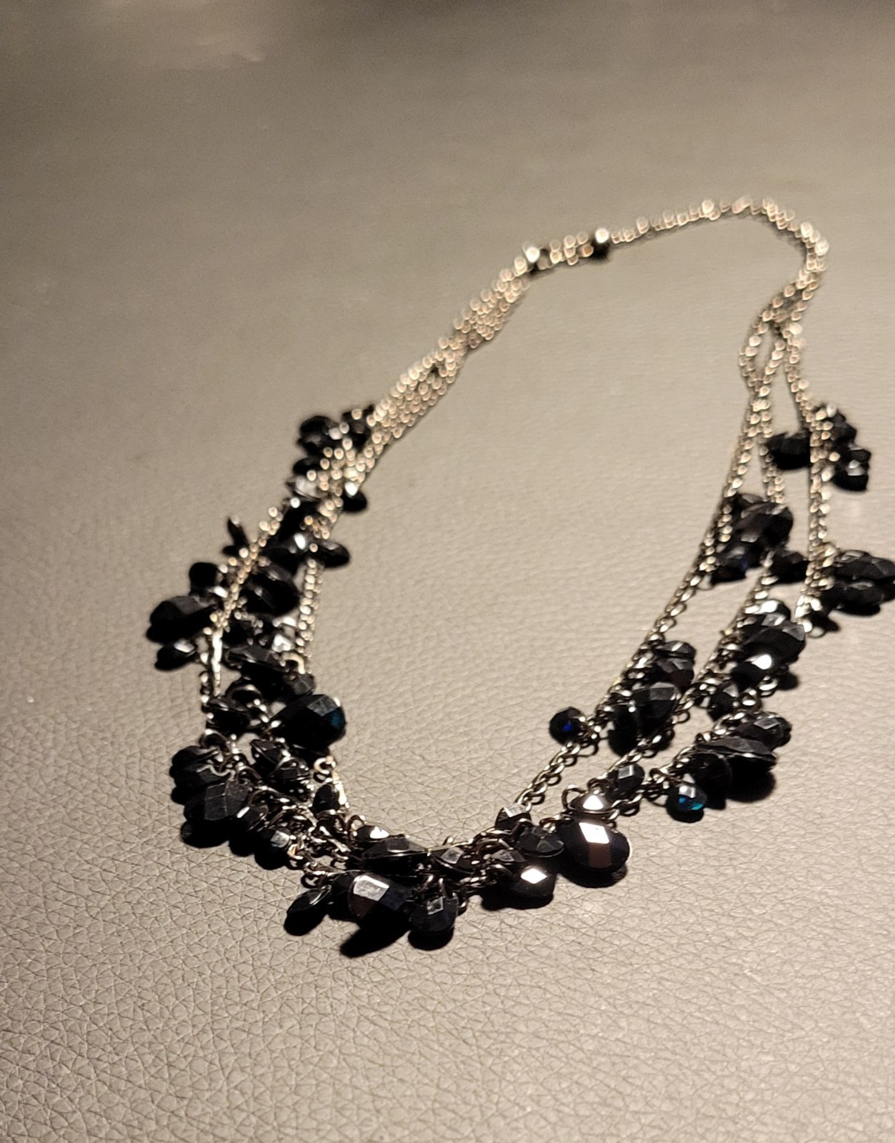 Layered Black Silver Glass Beaded Statement Necklace Cable Chain Fashion Jewelry