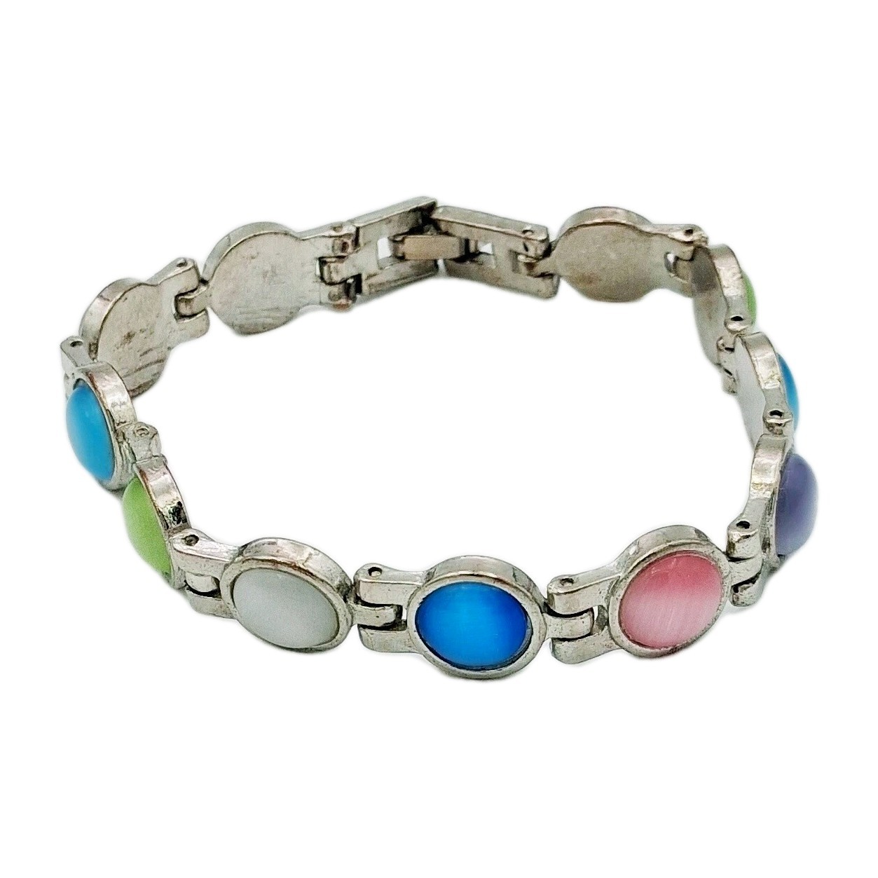 Silver Tone Multicolor Faux Cat’s Eye Bracelet 7″ Fold Over Clasp