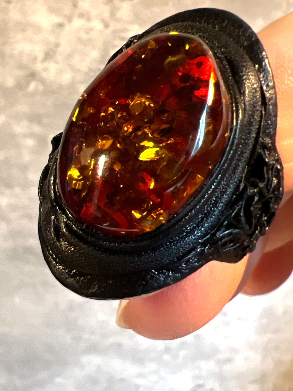 Vintage Baltic Amber Leather Adjustable Ring Distinctive Handcrafted Design 8.5″