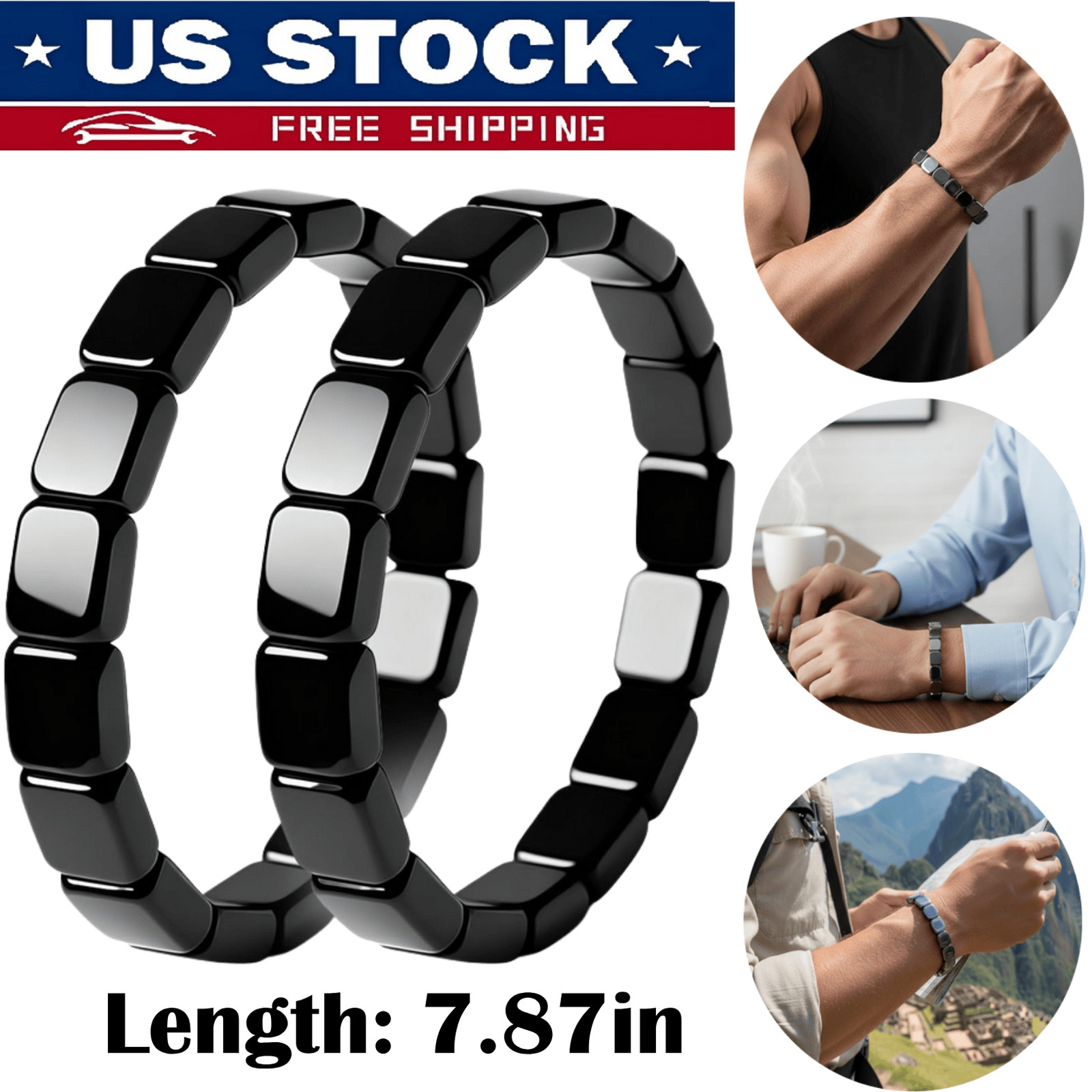 2Pcs Men Hematite Bracelet Energy Healing Reiki Protection Hemios Bracelet USA