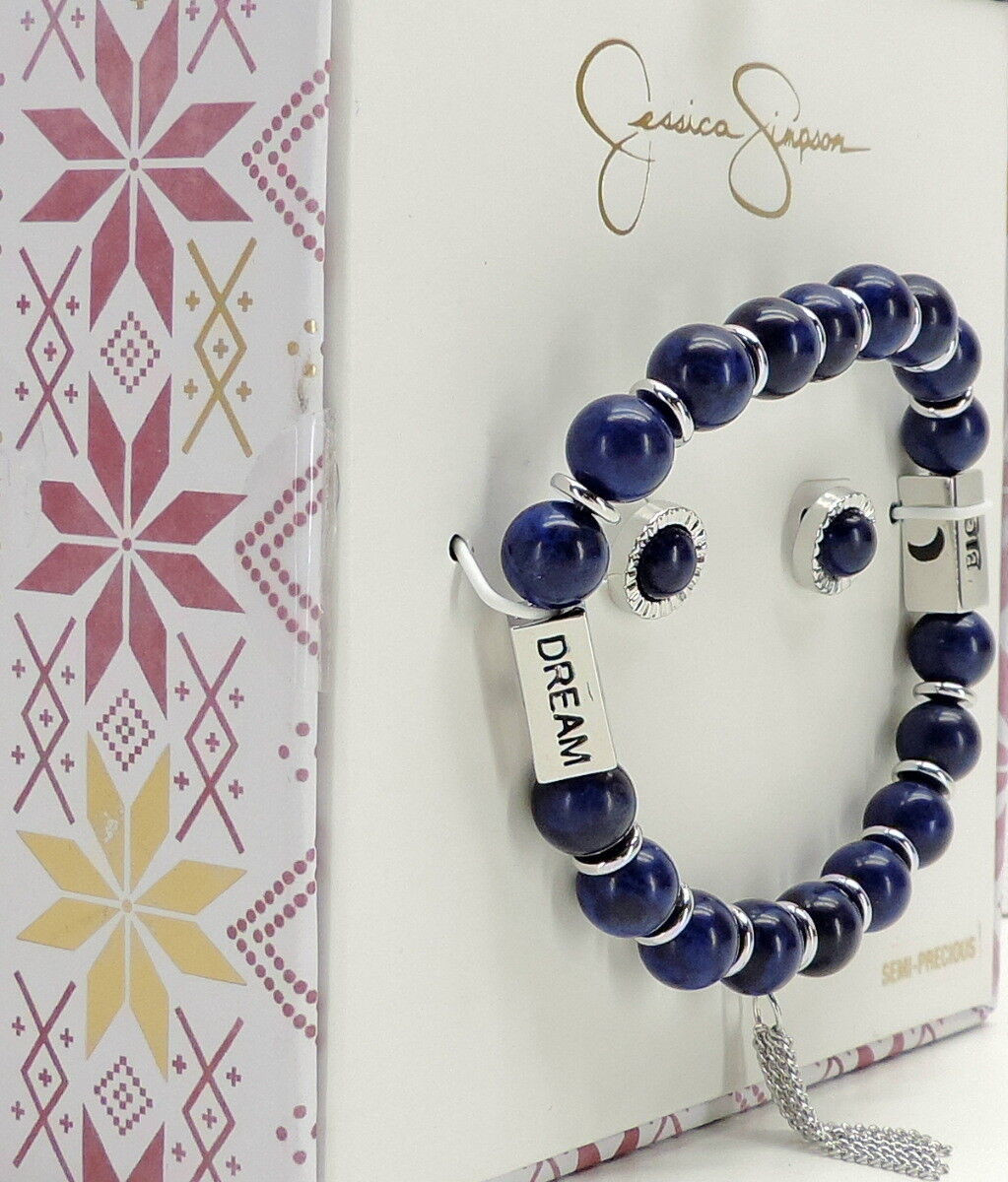 Jessica Simpson Blue Bead Bracelet and Stud Earrings Set Silvertone New in Box!