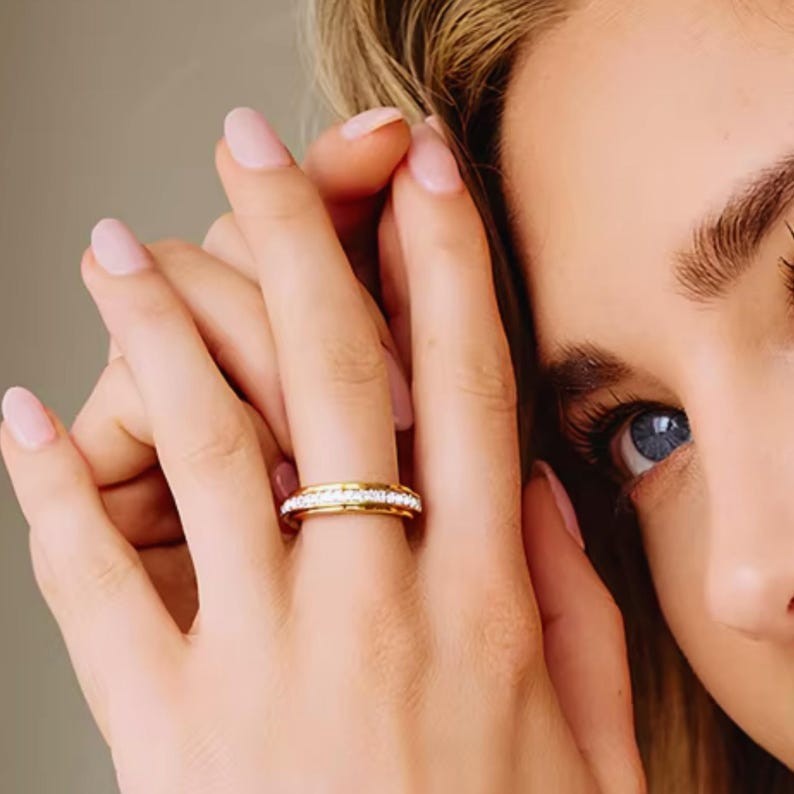 Princess Cut Moissanite Spinner Ring Silver Over Silver Women Wedding Band Gift
