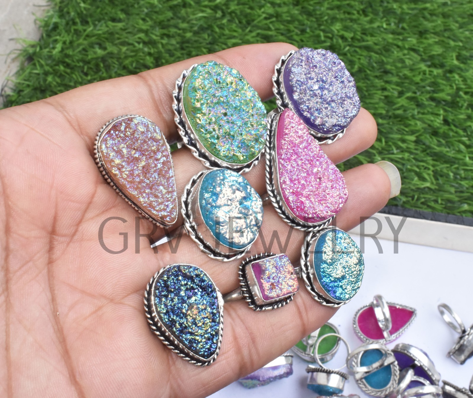 1-500 Pcs Coated Druzy In Wholesale Gemstone Rings Lot: Silver Plated Whr-69