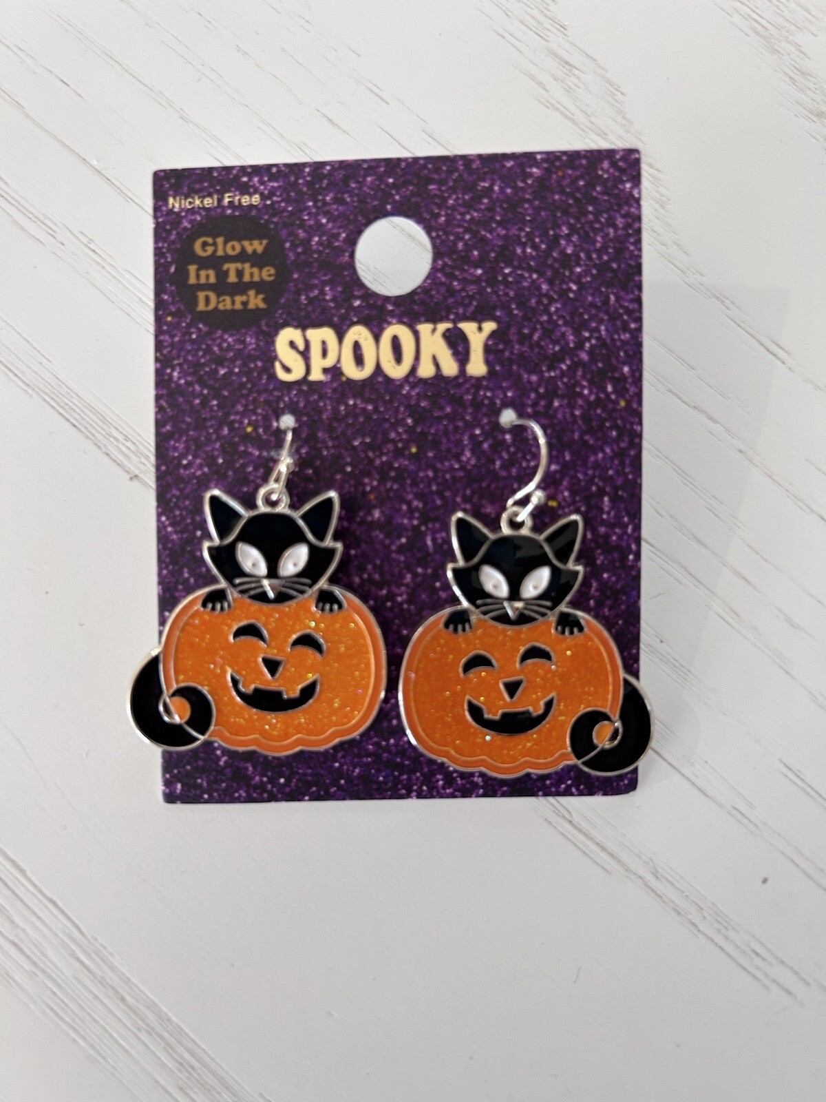 NWT Glow in the Dark Halloween Earrings Cat Pumpkin Nickle Free Fish Hook Dangle