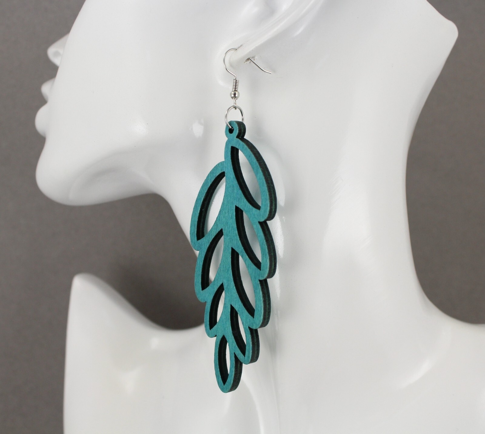 Teal Green wood leaf earrings dangle lightweight wood 4 3/8″ long feather vine