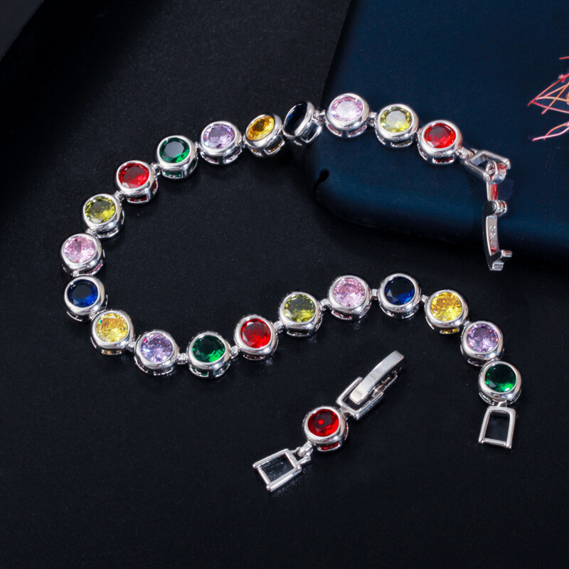 Beauty Round Cubic Zirconia Yellow Gold Plated Multicolor Rainbow Women Bracelet