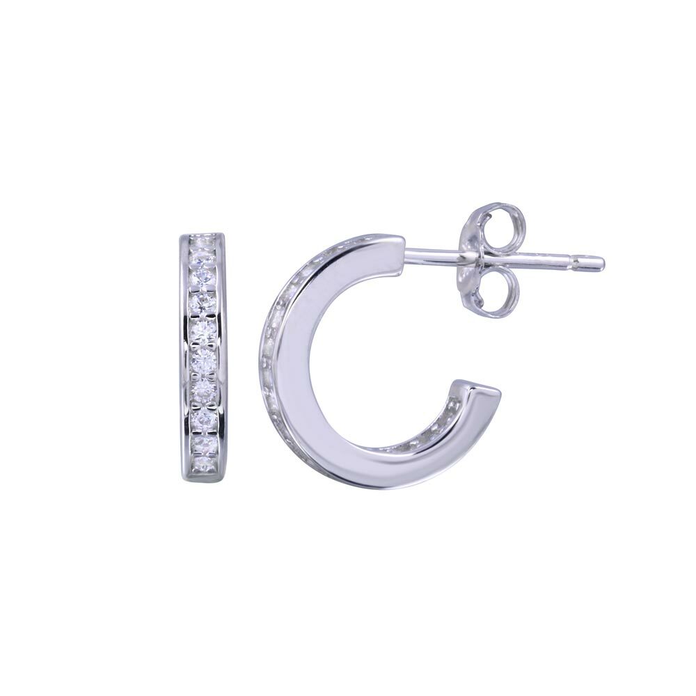SEMI HOOP EARRINGS WITH LAB ACCENTS/ 925 STERLING SILVER /12MM BY 2.5MM