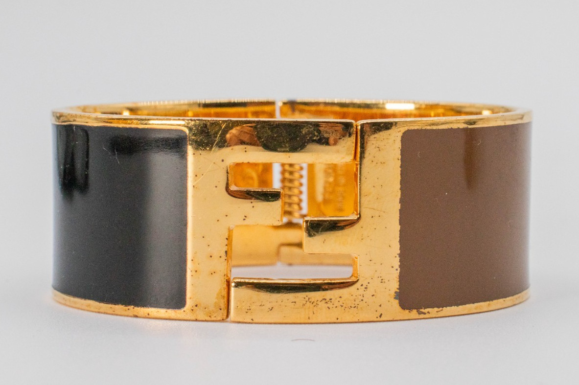 Fendi Fendista Wide Cuff Bracelet – Gold-Tone – Black & Brown Enamel w/ Box
