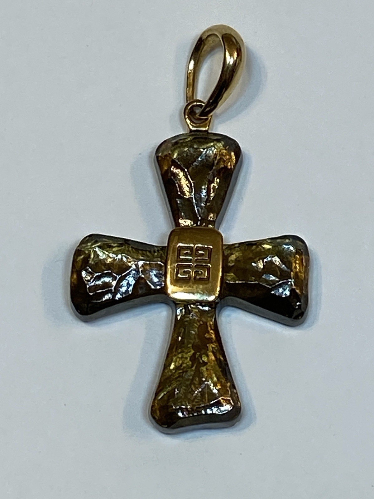 Givenchy Cross 1980’s Vintage Gold Metal Necklace Pendant Amber Gripoix Glass