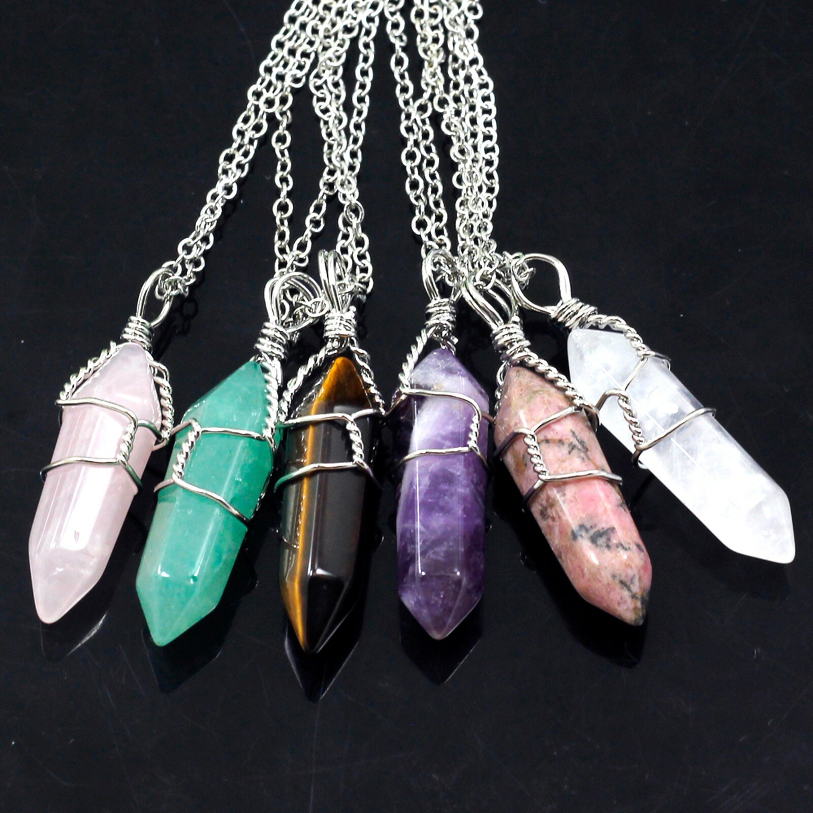 Hexagonal Pendant Point Chakras Wire Wrap Healing Gemstones Chain Necklace
