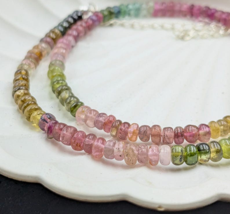 Multi Tourmaline Smooth Rondelle Gemstone Beads Self – Confidence Necklaces 32”