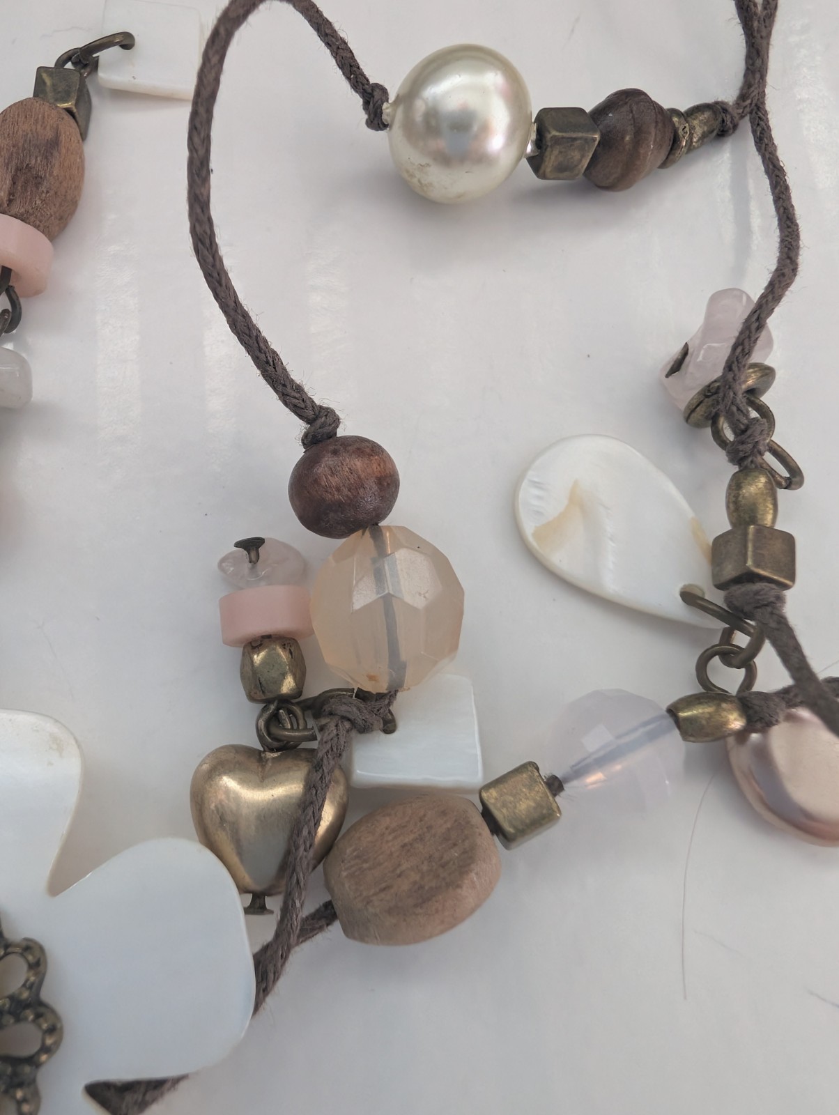 Next Signed Floral Heart Faux Crystal Pearl Wood Beaded Tassel Pendant Necklace
