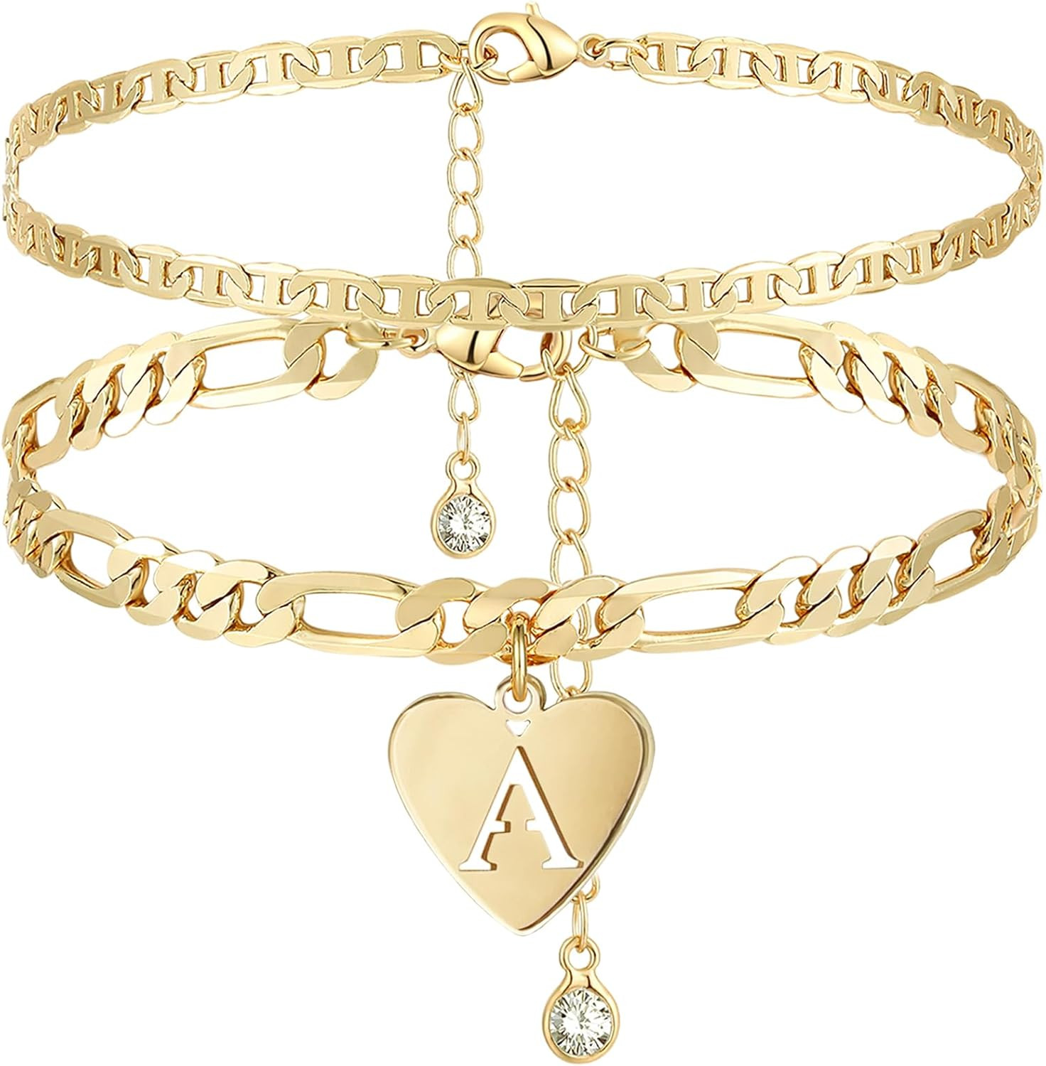 14k Gold Initial Ankle Bracelet for Women 10k Solid Gold Layered Figaro Anklets