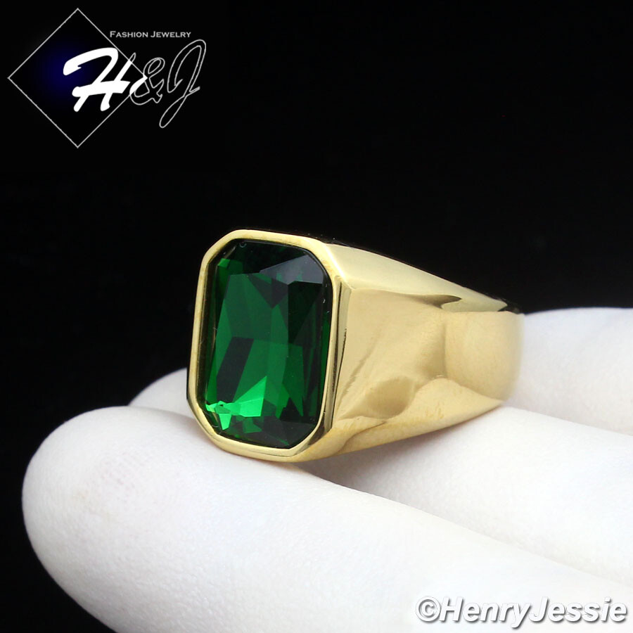 MEN’s Stainless Steel Rectangle Green Gemstone Gold Plated Ring Size 7-12*GR151
