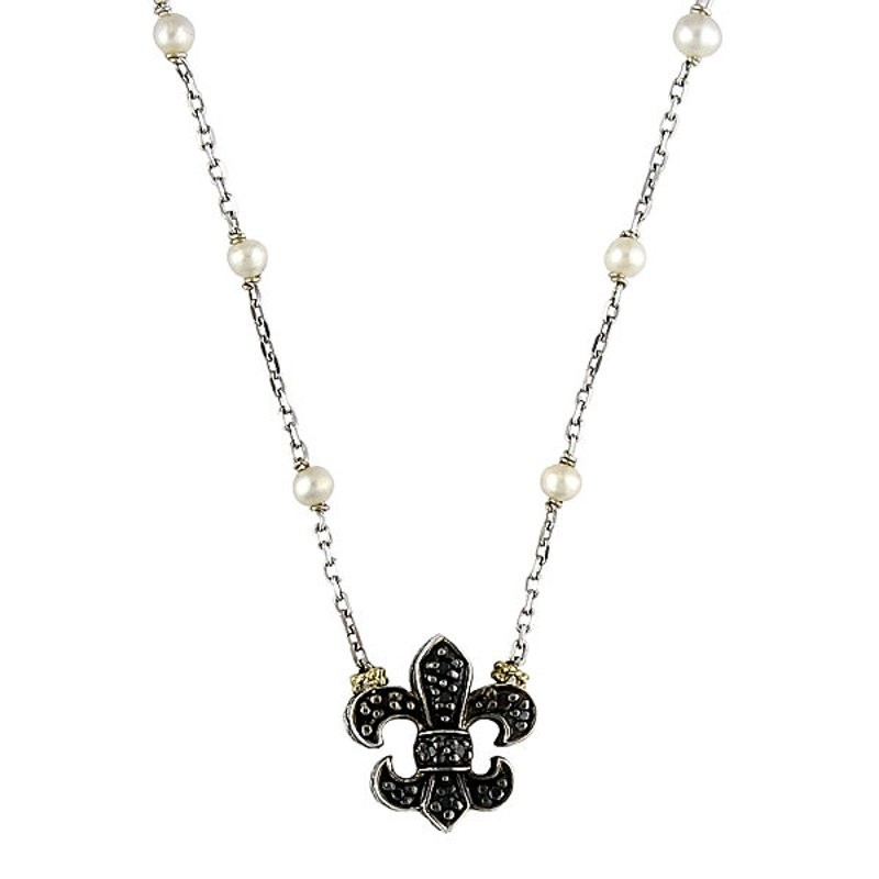 925 sterling silver Andrea Candela 18K White Pearl & black Diamond Fleur De Lis