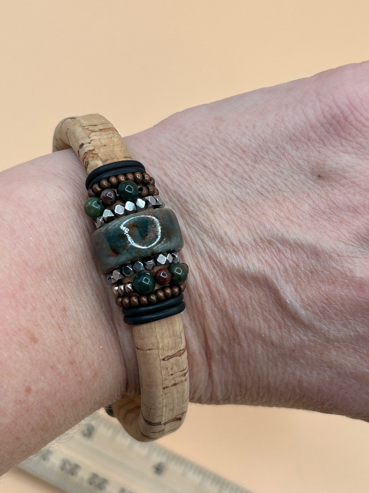 cork cuff bracelet ft. green and brown jasper beads silver-toned metal magnetic