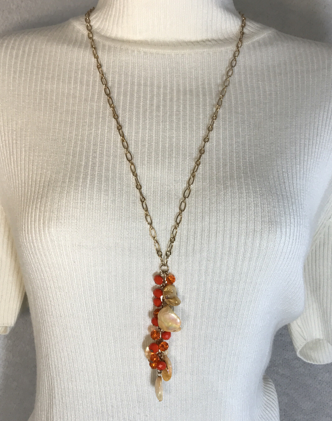 C 1946 Orange Acrylic Beads & Multicolor Sea Shell Necklace 27”+ 3” Nautical