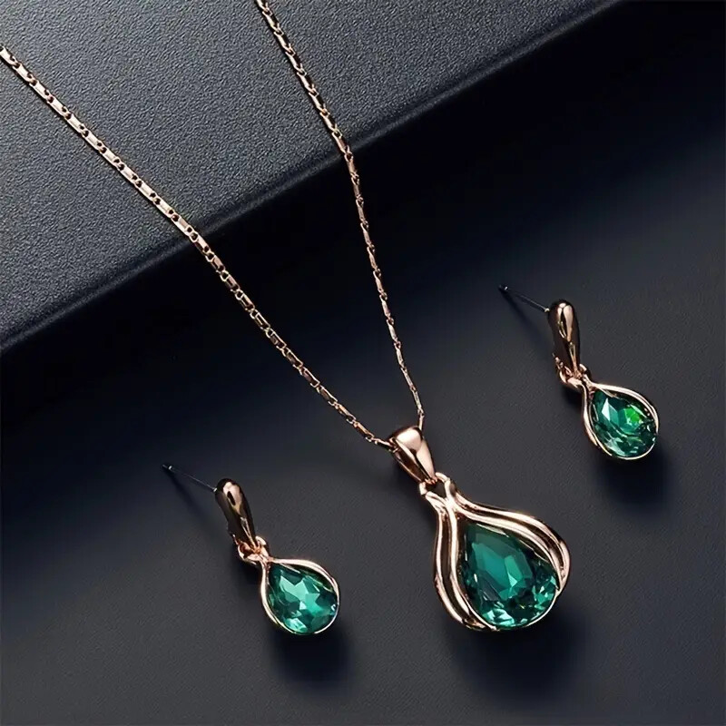 Elegant Water Drop Green and Gold Earring and Necklace Jewelry Set