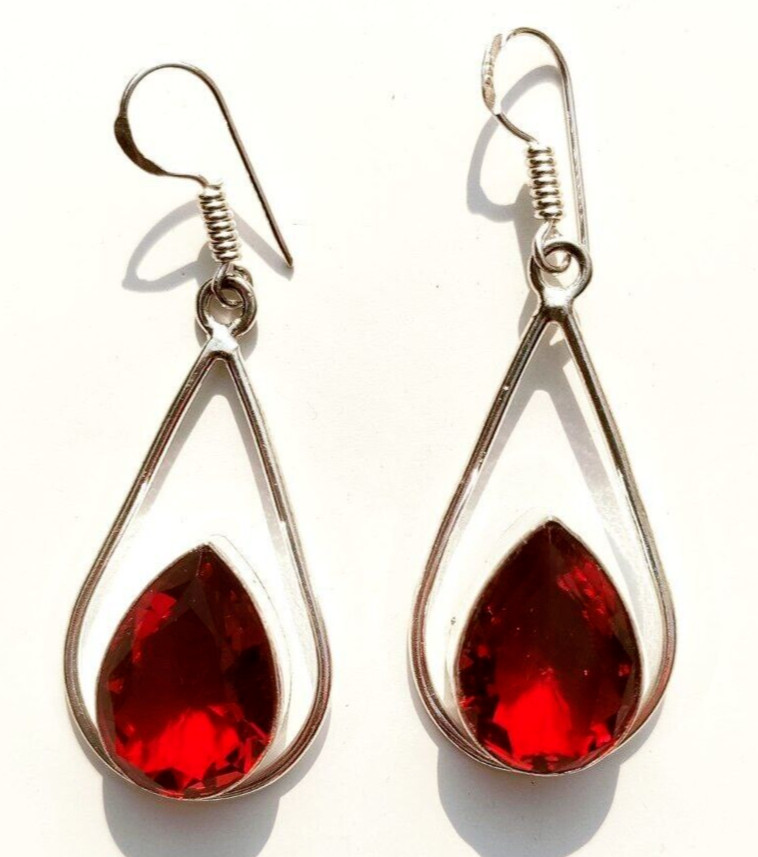 Mozambique Garnet Gemstone 925 Sterling Silver Handmade Jewelry Earrings 2.10″