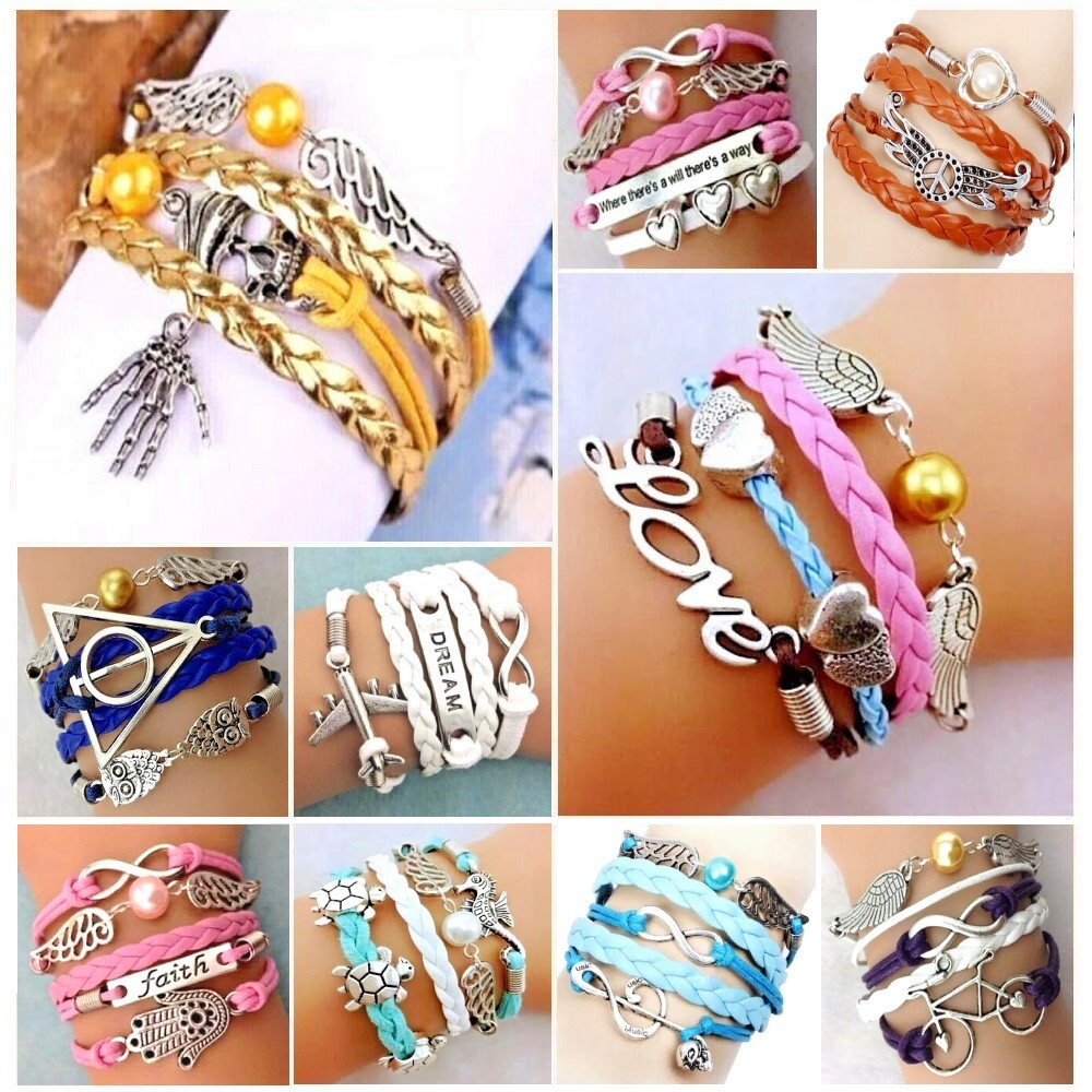 Airplane Wings Love Heart Music Silver Charms Multi Layer Bracelet Free Gift Bag