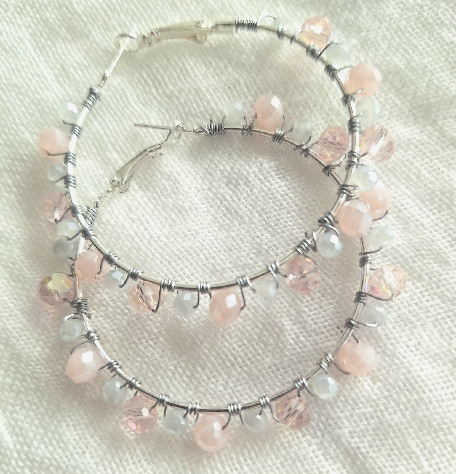 Large Handmade Silver-tone hoop earrings Pink and gray iridescent beads Boho