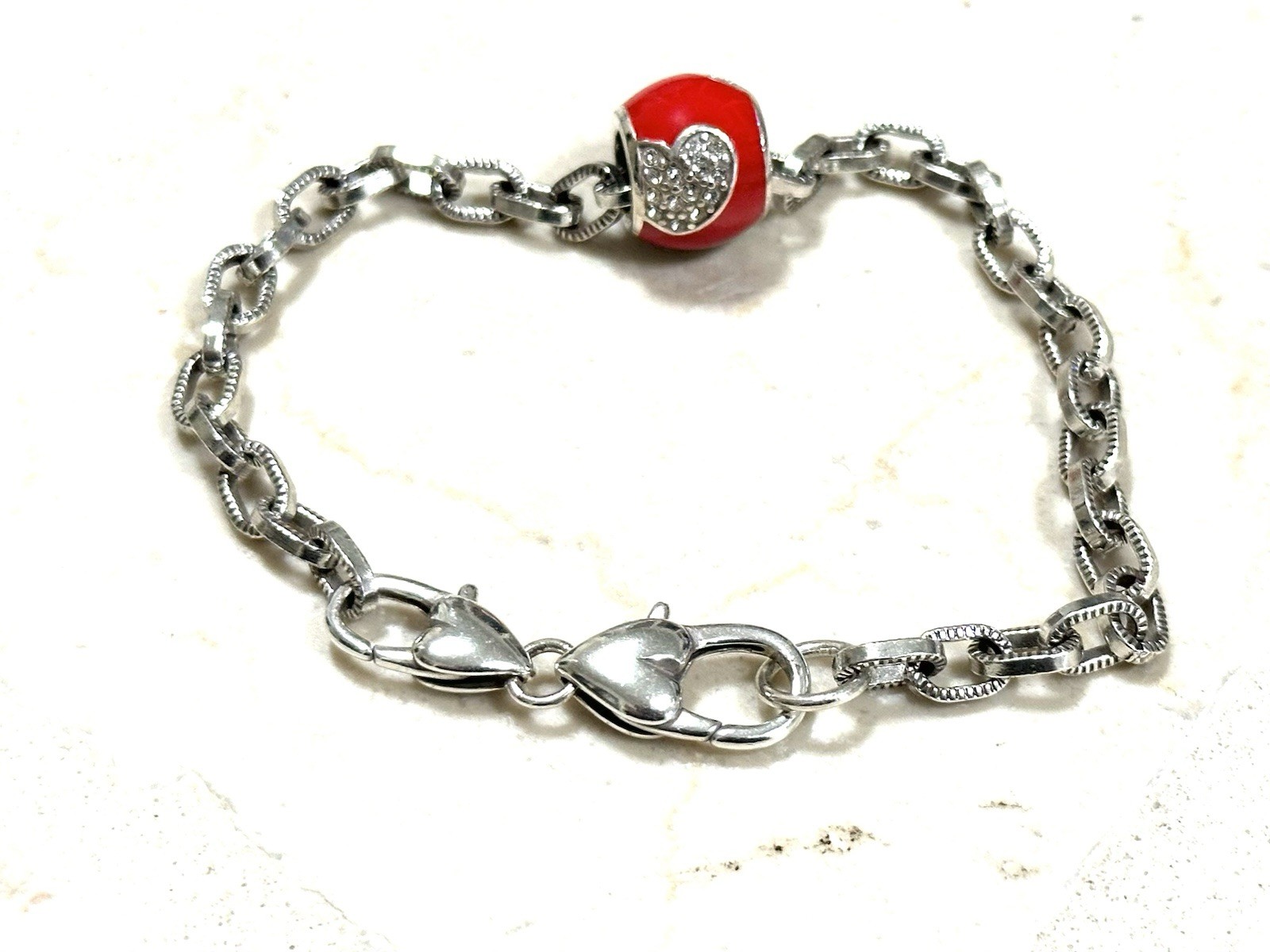 Brighton Charm Bracelet Oval Links Silver Red Crystal Heart Bead Lobster Clasp