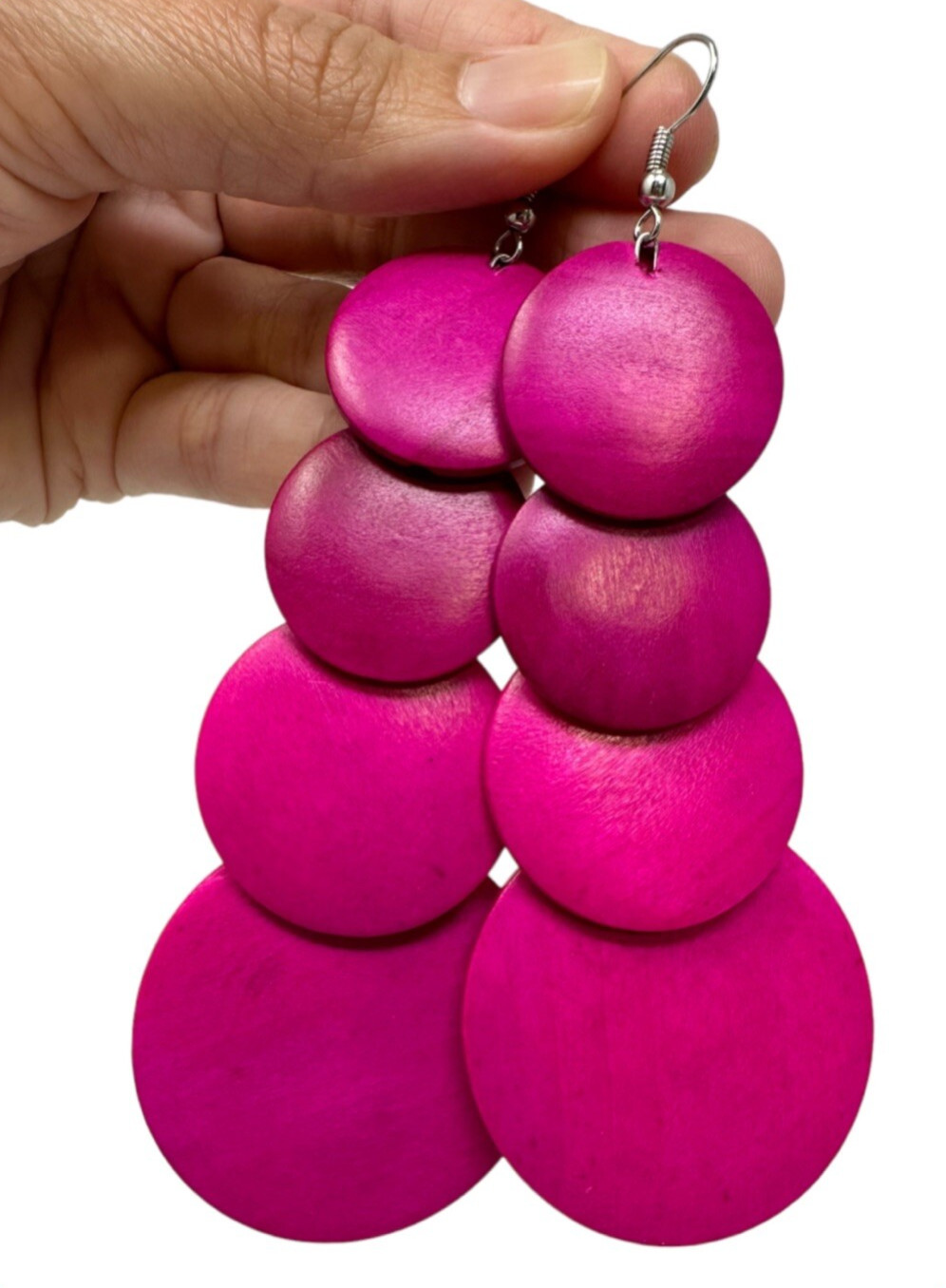 Bright Pink Wooden Dangle Earrings 3.5in Lightweight Boho Statement Jewelry