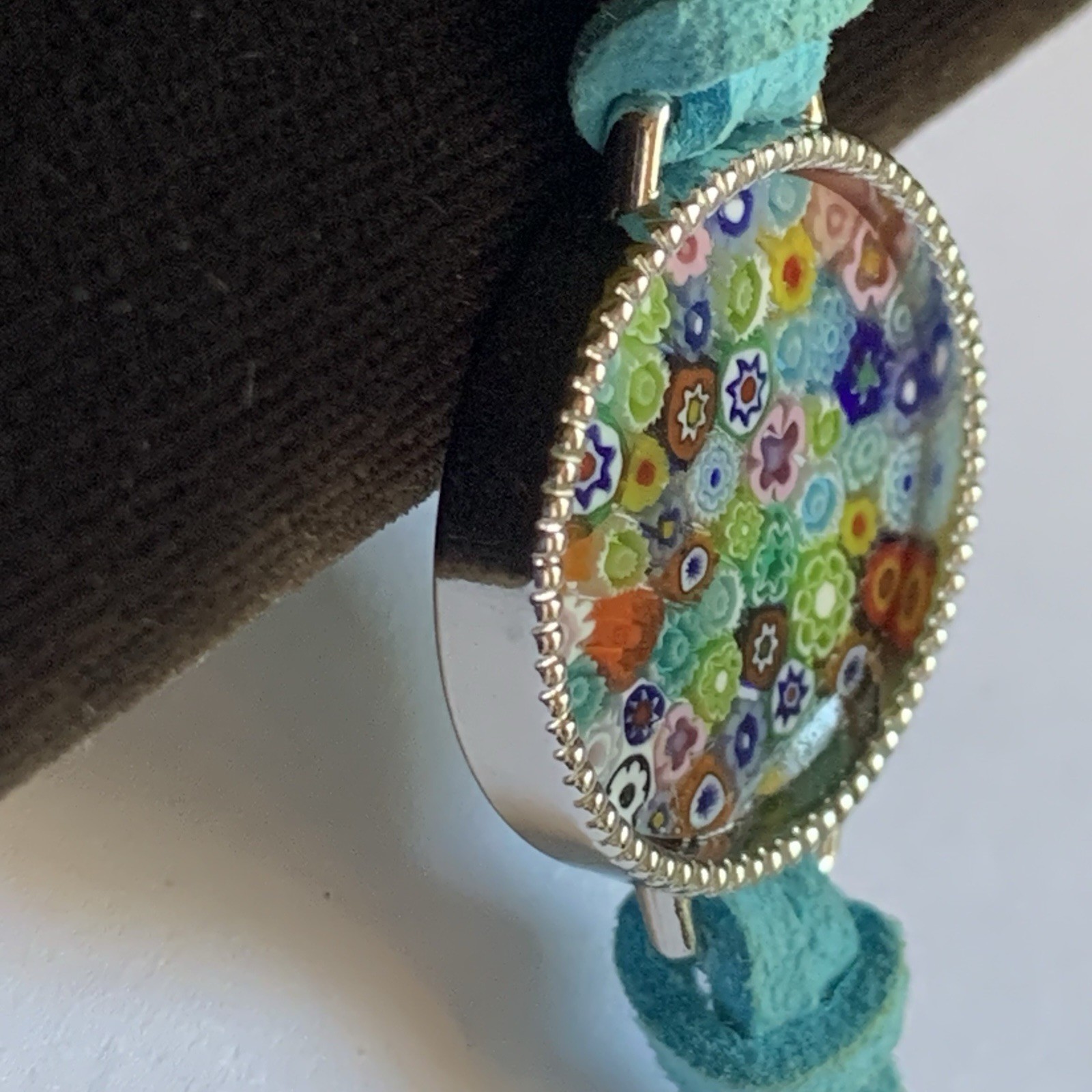 Murano Glass Millefiori Round Made in Italy 7-8 Inch on blue leather cord