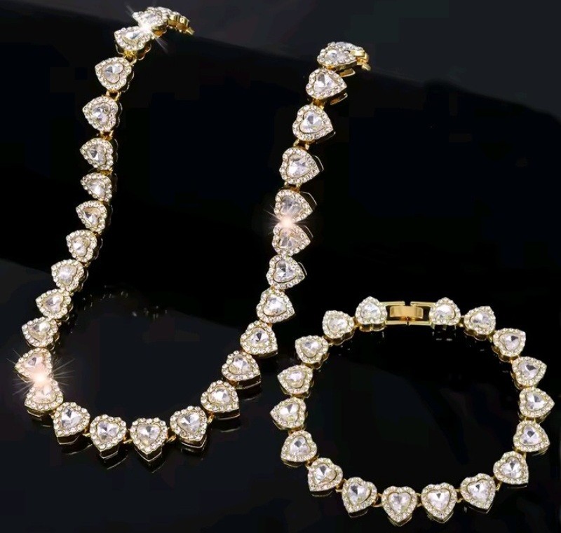 2PCS Iced Out Cuban Chain Set Hip Hop Miami Curb Necklace Bracelet Unisex