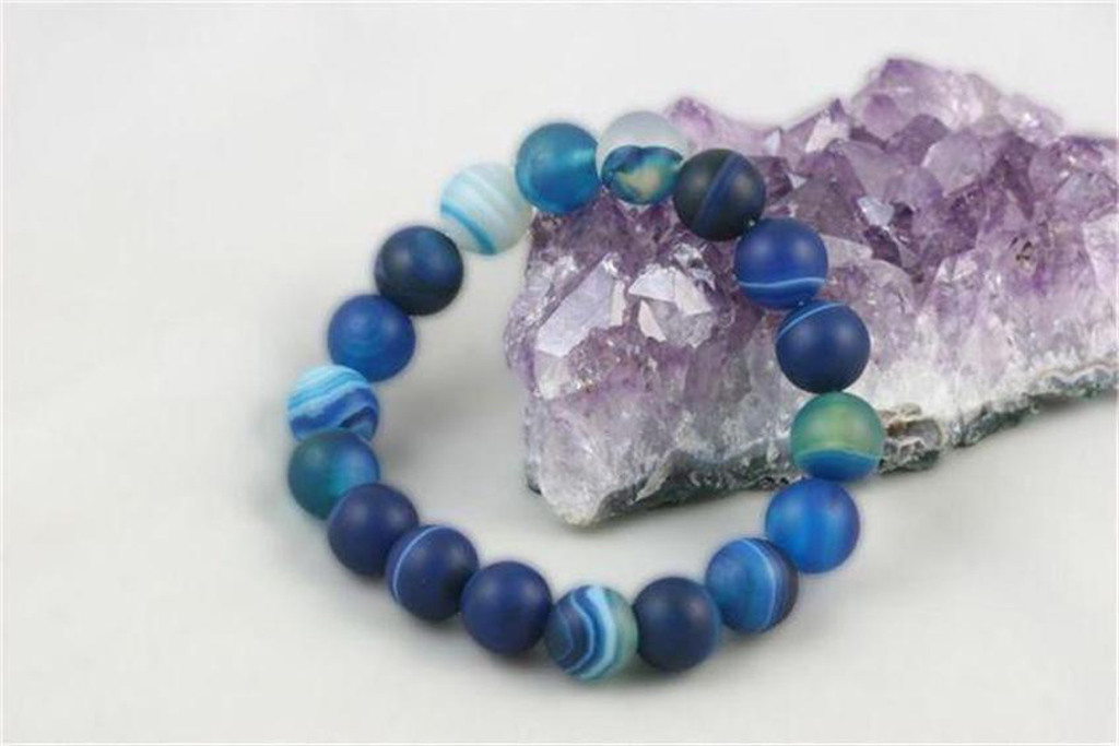 Matte 10mm Blue Stripe Agate Round Gems Beads Stretchy Bracelet 7.5”