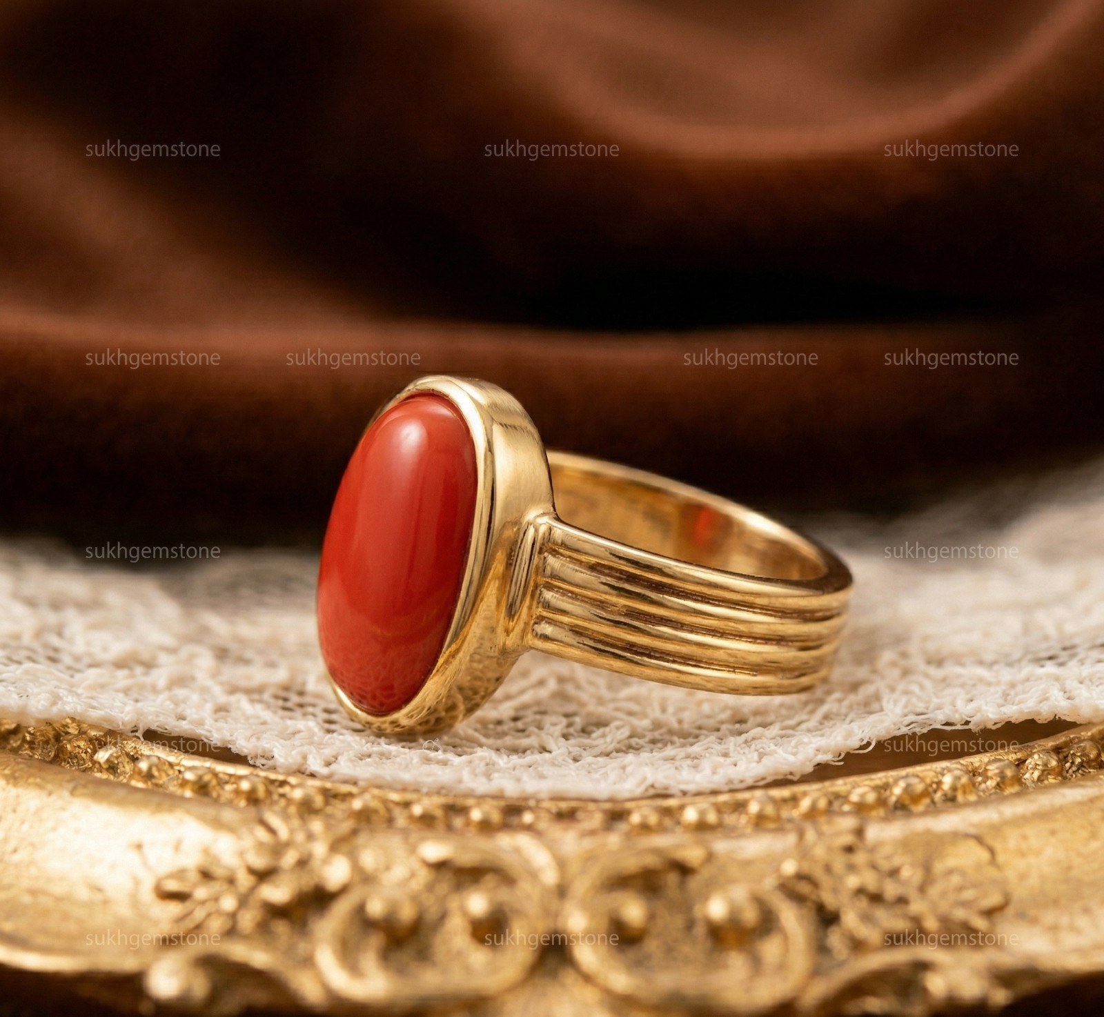 Red Coral Ring, Brass Gold Alloy , Birthday Gift Her, Women Ring