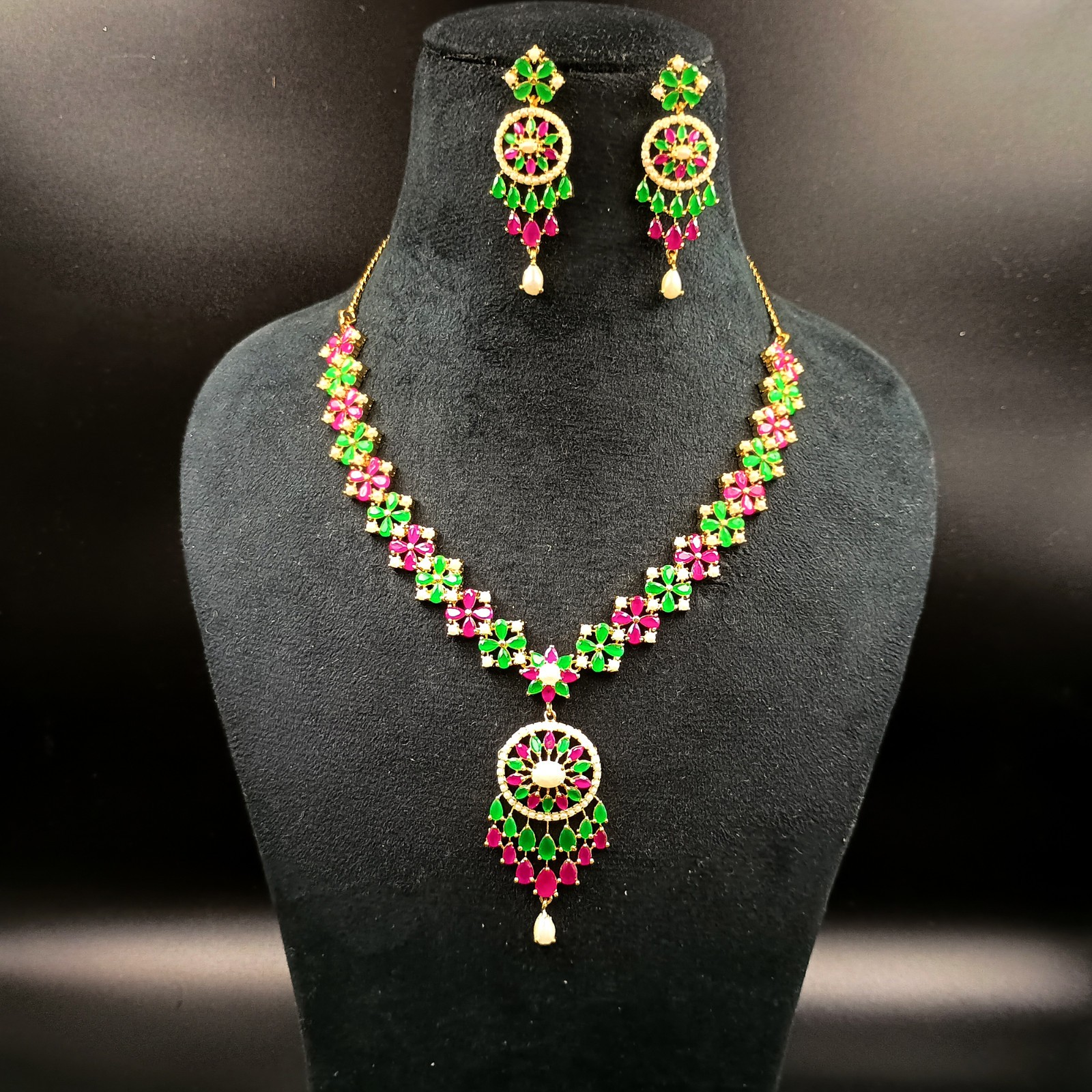 Royal Ruby Emerald Pearl Choker Set 22k Gold Plated Indian Temple Bridal Jewelry