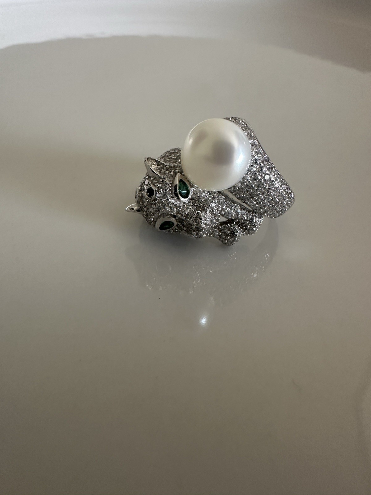 Ring 925 Silver Panther Head, Green Eye Cubic Zirconia With Pearl 7_8 Size
