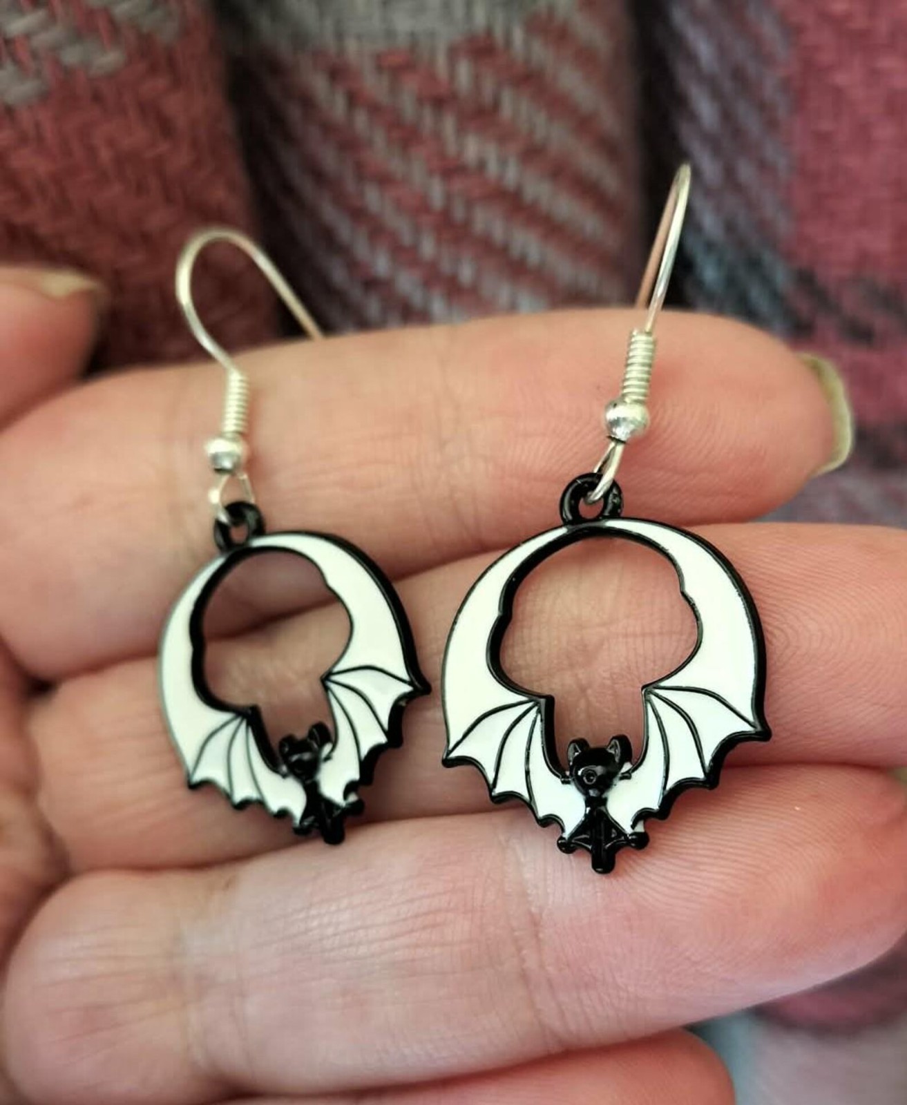 Black and White Enamel Bat Dangle Drop Earrings Women Lobes Goth Alternative